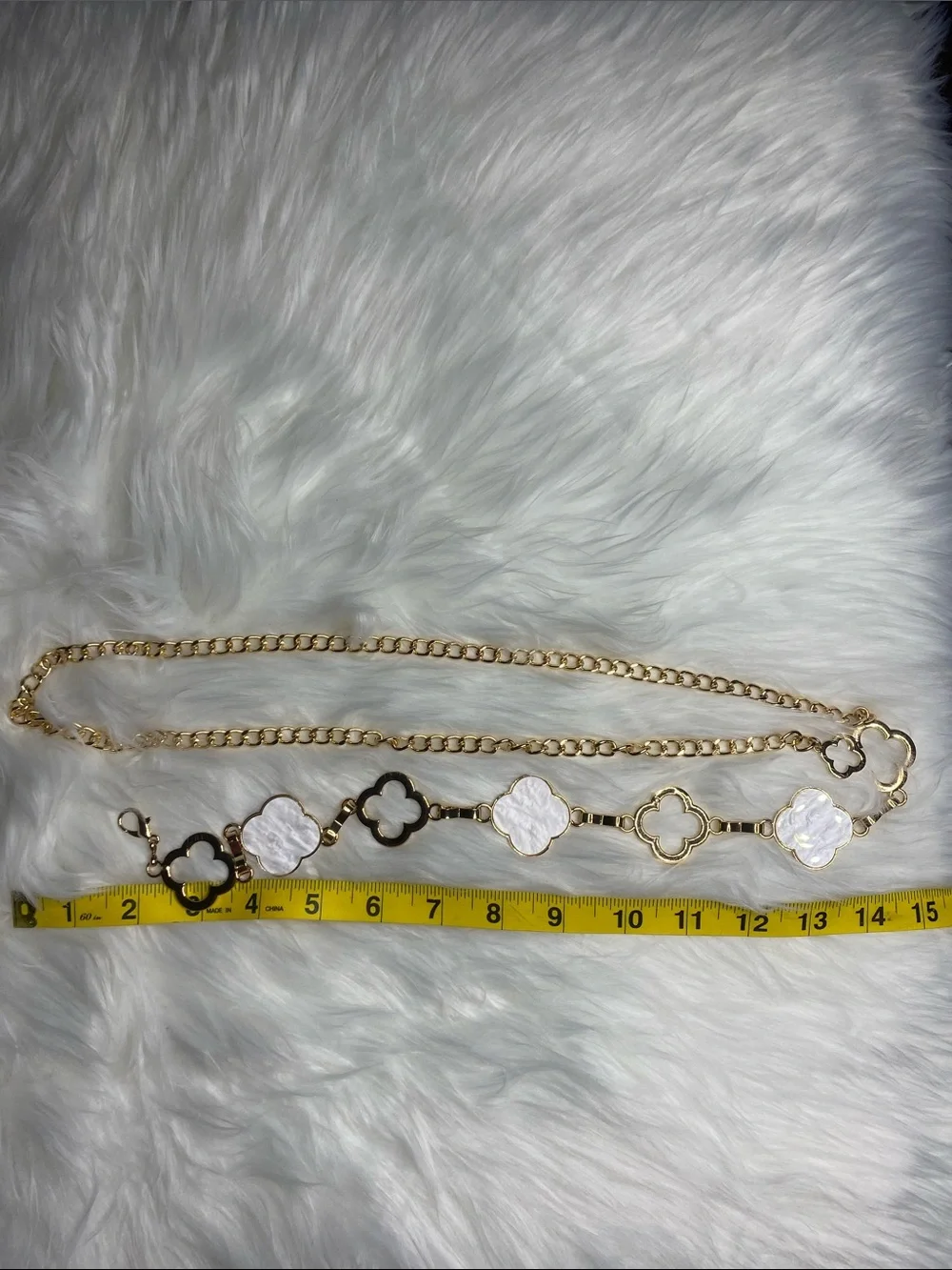 Gold-Tone Clover Link Belt with White Inlay Accents